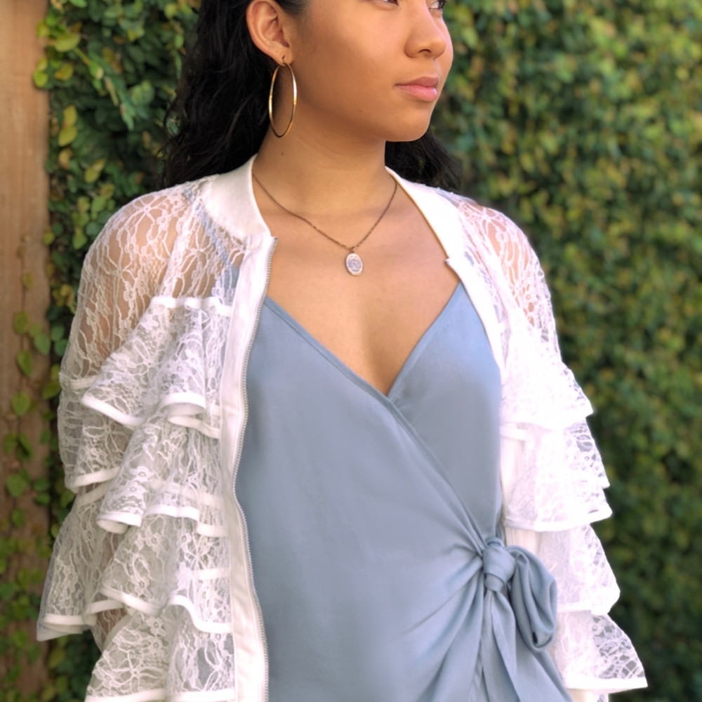 🌷SALE🌷Chic White Lace Ruffle Bomber - Picture 3 of 5